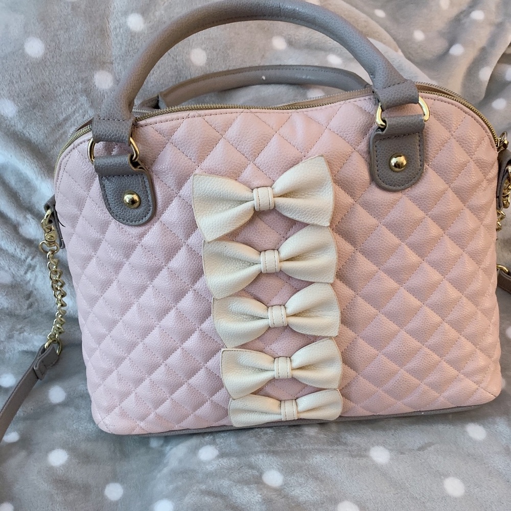 Betsey Johnson Pink & Gray Bow Corset Hand Bag